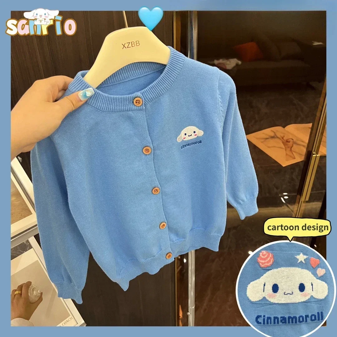 Anime Sanrio Hello Kitty Autumn Children\'s Sweater Cartoon My Melody Cinnamoroll Girl Long Sleeve Cardigan Knit Jacket Kids Gift