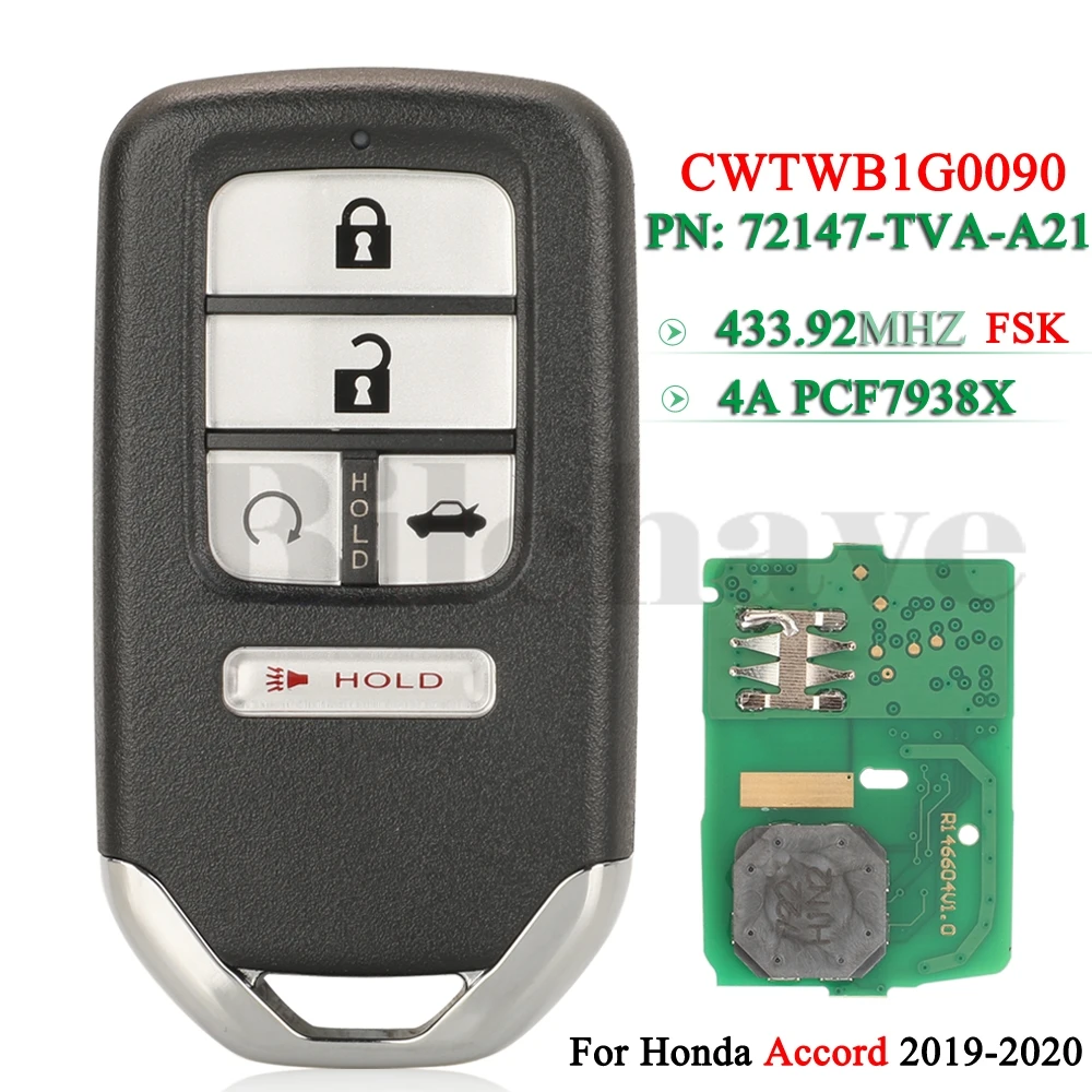 

Ключ для смарт-карты jingyuqin CWTWB1G0090, дистанционный ключ 4A, чип 433,92 МГц FSK для Honda Accord 2018 2019 2020, без ключа Go 72147-TVA-A21