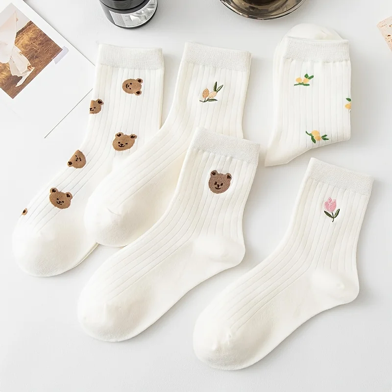 

5 Pairs of Women's Mid Length Soft Teddy Bear Round Neck Socks