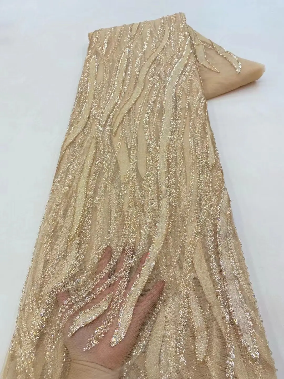 

High Quality J-1308309 African Nigerian Tulle Lace Fabric With Sequins beads Embroidery Sewing Net Dresses Beads
