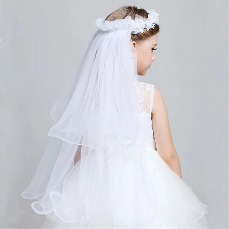 Dzieci mała księżniczka opaska podwójna warstwa tiul welony ślubne kwiaty girlanda marszczona kwiecista koronka wesele przyjęcie wieniec