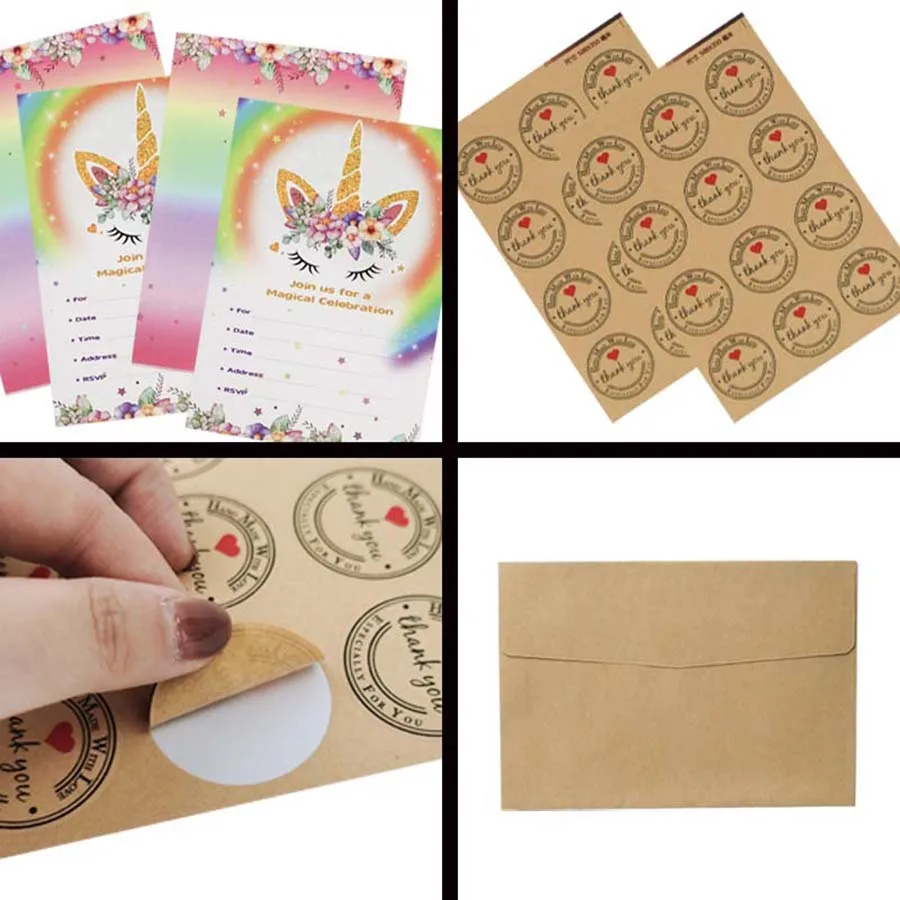 Unicorn Party Invitation Set Rainbow Unicorn Cards Envelopes and Stickers Ideal Baby Shower wedding party 10PCS greeting cards wedding invitations