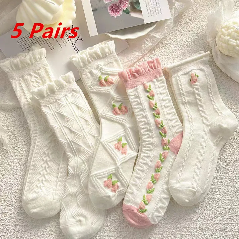 

5 Pairs Lot Japanese cute Harajuku Lolita white powder socks JK girl cherry blossom tube socks college students lace socks