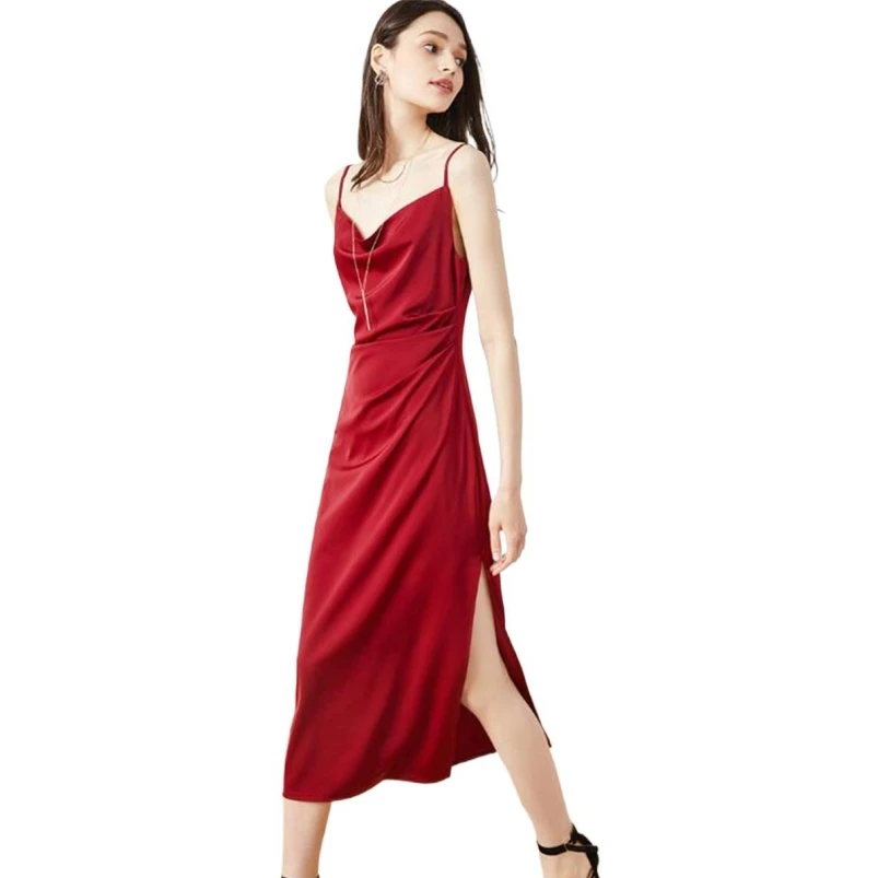 

High Street Summer Women Vintage Dress Elegant Party Sleeveless Satin Long Dress Lady A-Line High Slit Suspender Vestido