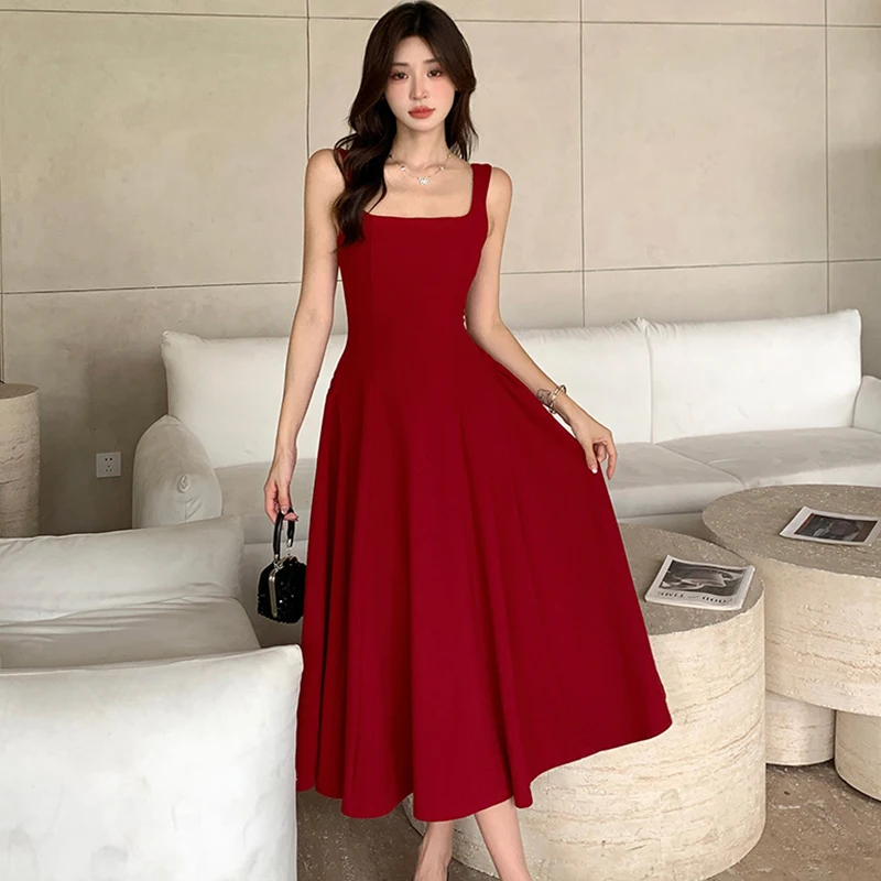 2025 New White Square Collar Sling Sexy Long Dress Women