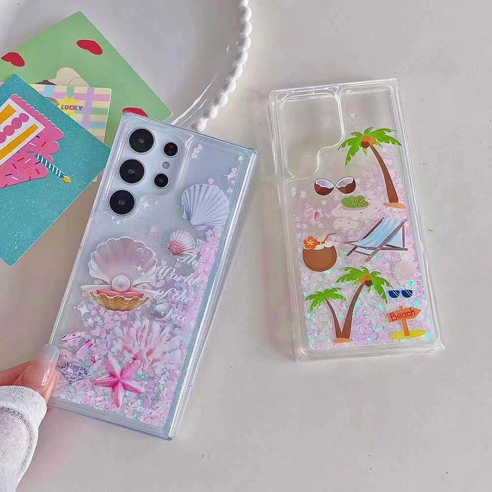 Custodia Trasparente Per Telefono Quicksand Pearl Shell Coconut Tree Per Samsung Galaxy S23 S22 S21 Plus Ultra S20Fe Note20 10Pro Cover Posteriore Mor