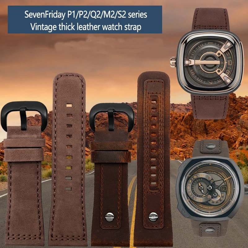 

For Seven Friday P1 Q2/03/M2/M021 T2 Genuine Leather Watch band Vintage Diesel Large Size Metal Riveted Men Strap 28MM Bracelet