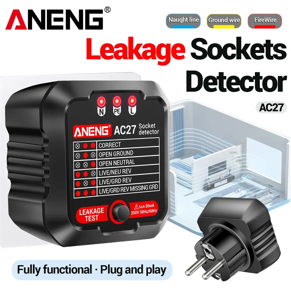 Socket Tester Voltage Test ANENG AC27 Socket Detector Ground Zero Line Polarity Phase Check Tool Circuit Checker EU/US Plug