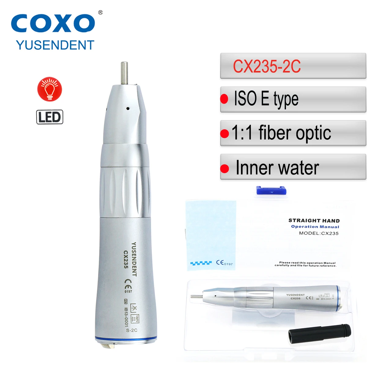 

COXO Dental Low Speed Handpiece Led 1: 1 Fiber Optic Straight Handpiece Inner Channel For KAVO NSK ISO E Type Air Motor