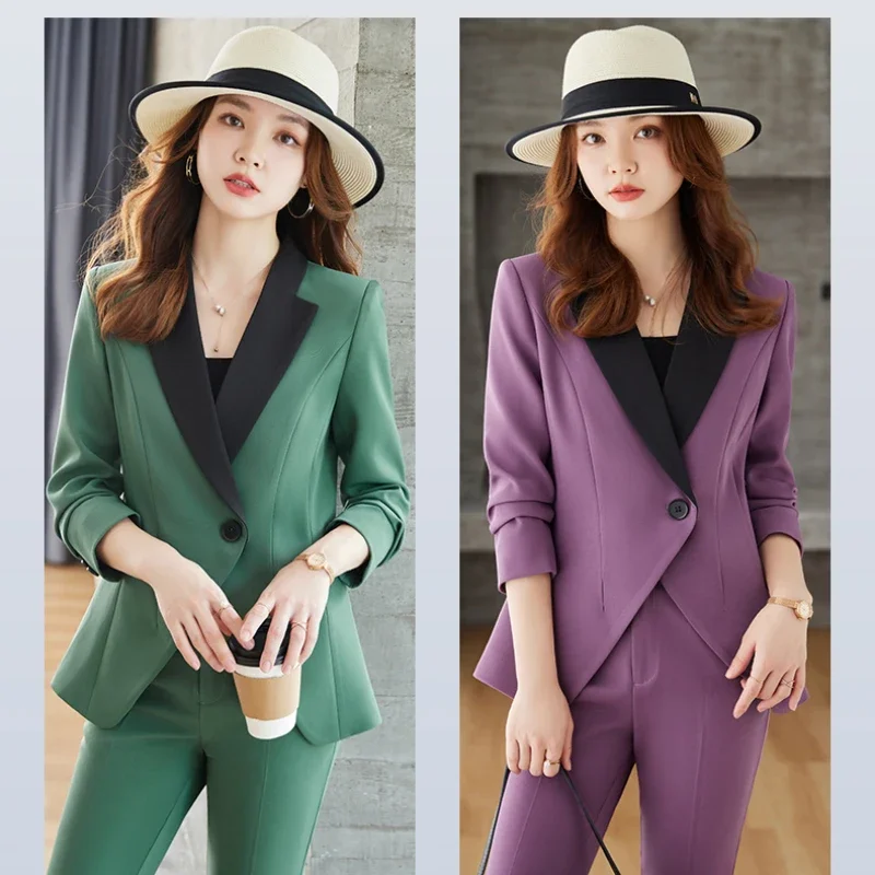 

Insozkdg Retro Short Waistband Suit Straight Leg Pants Sets Commuting Color Contrast Single Button Suit + Pants Two-piece Set