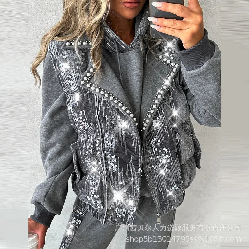 

Contrast Sequin Pearls Vest Puffer Coat Autumn Elegant Women Y2K Chic Clothes Long Sleeve Gliter Zipper Jacket Outwear