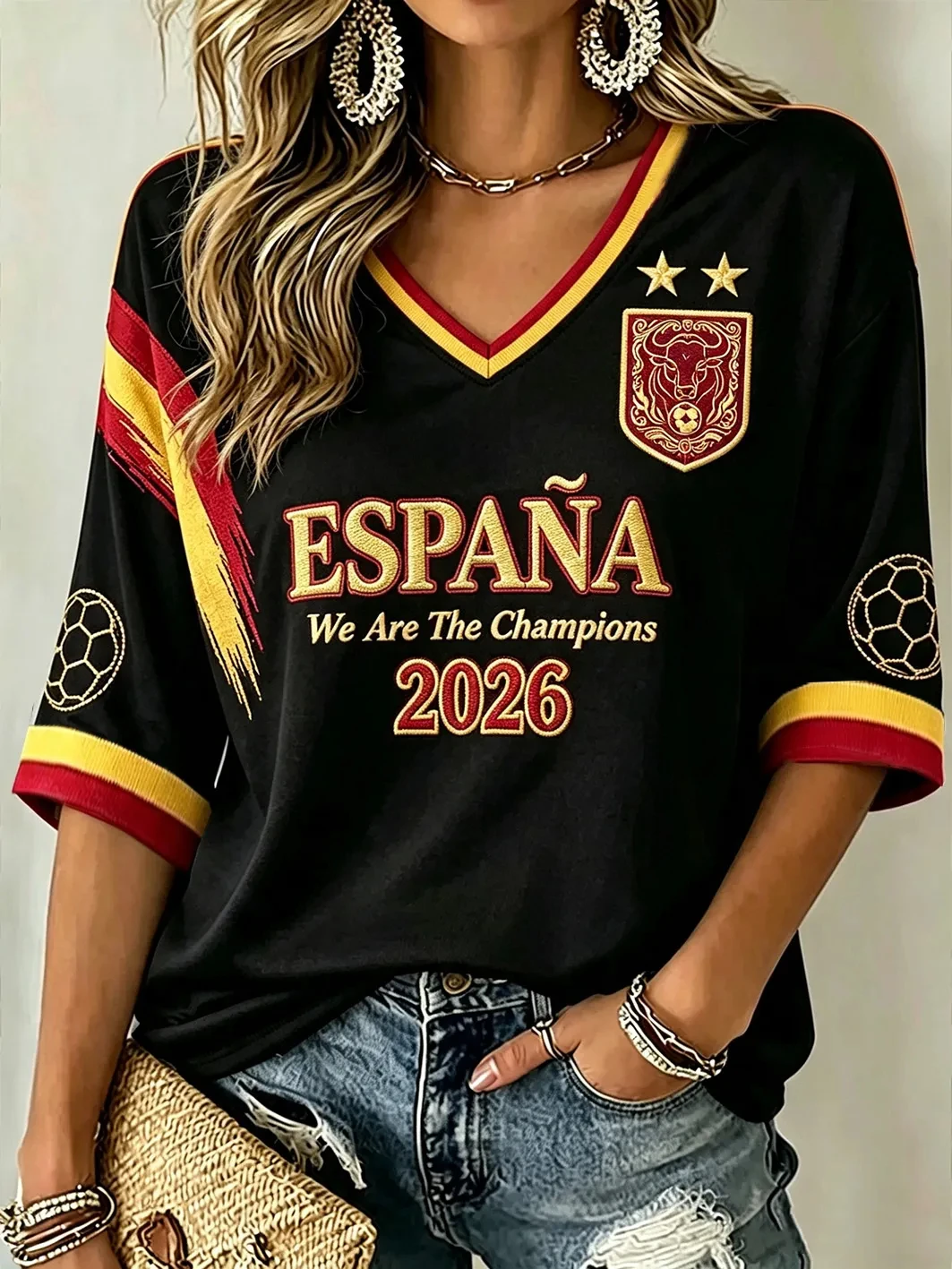 Damen-T-Shirt mit Aufdruck „We Are The Champions 2026“ zum Feiern von Spanien, Fußball-Kultur-T-Shirt