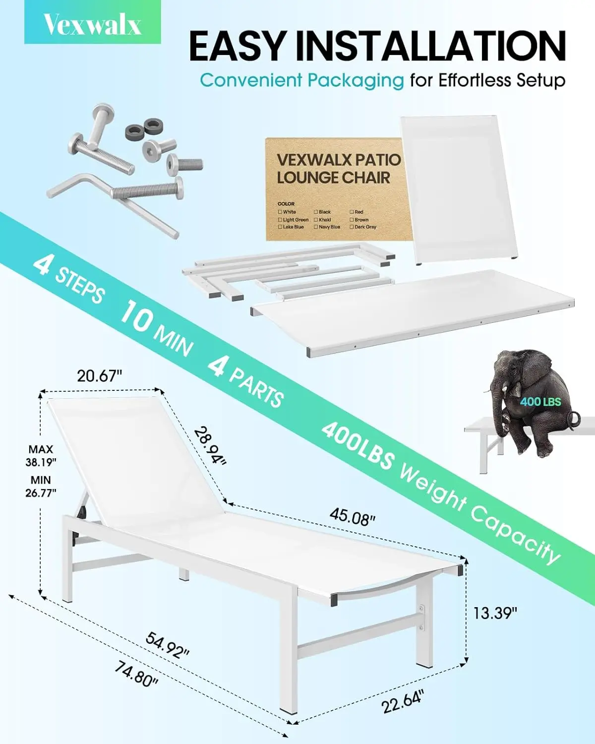 Outdoor Lounge Chairs for Pool, Aluminum Chaise Lounge Chairs with 5-Position Recliner, Patio Lounge Chair