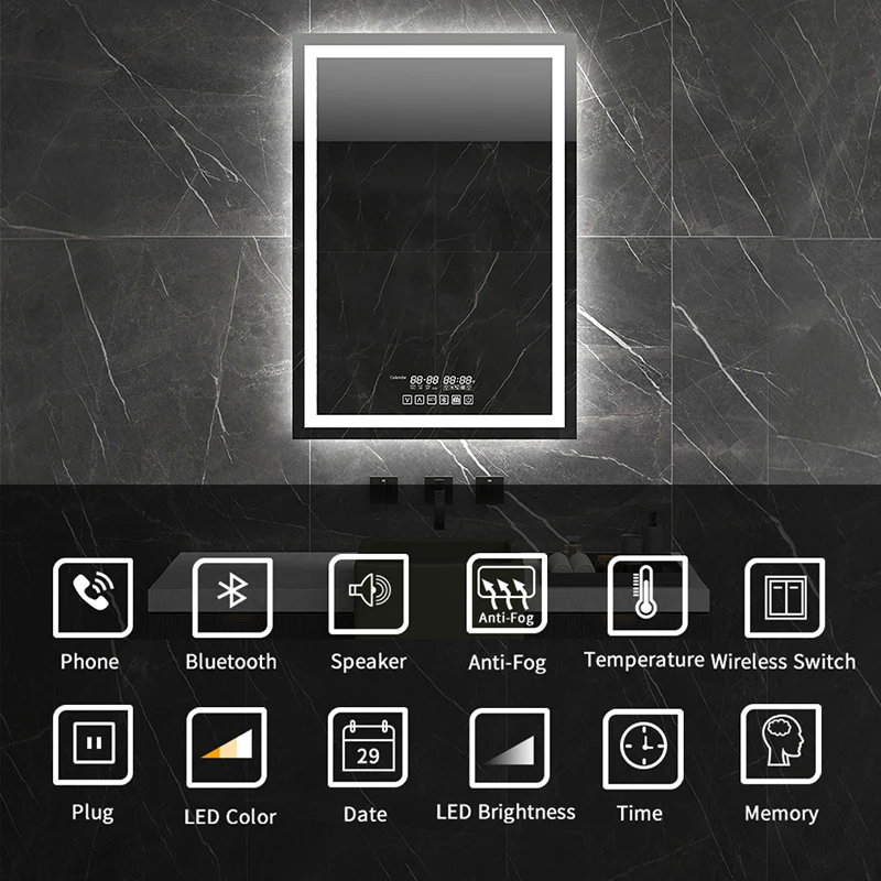 Smart Bath Mirror Backlit Anti-fog Vertical Wall-mounted Led Light Fogless Bluetooth Bathroom Mirrors Control Dimmable