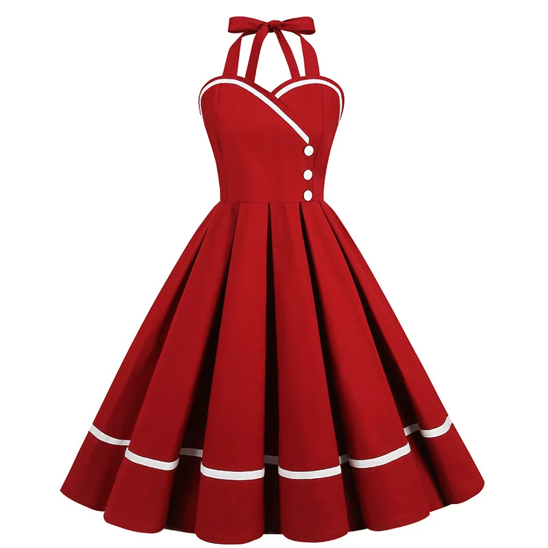 

Retro Solid Sleeveless Vintage Casual Patchwork Dresses Woman High Waist Dress V-Neck Pleated Swing Puffy Sexy Party Clothing