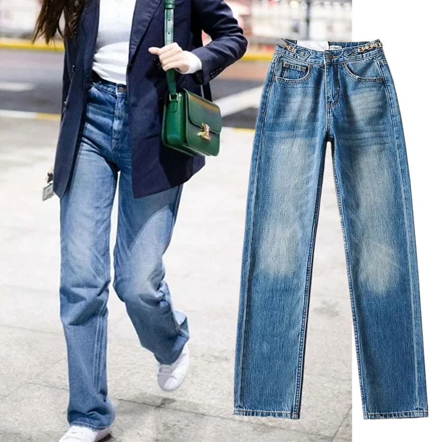 

Elmsk Fashion Vintage Mom Jeans Women England High Street Washed Blue Chain High Waist Straight Jeans Denim Pants Women