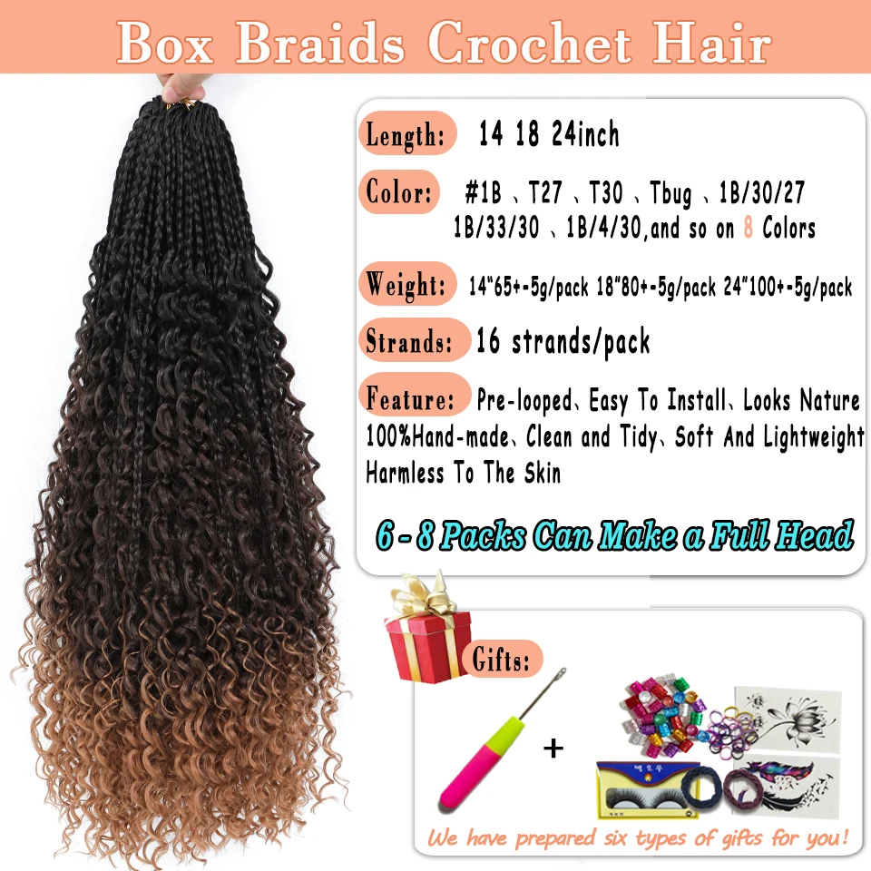 Bewill 1- 8 Packs Goddess Bohemian Box Braids Crochet Hair With Curly Ends 14 18 24 Inches Synthetic Box Braids Hair Extensions 2