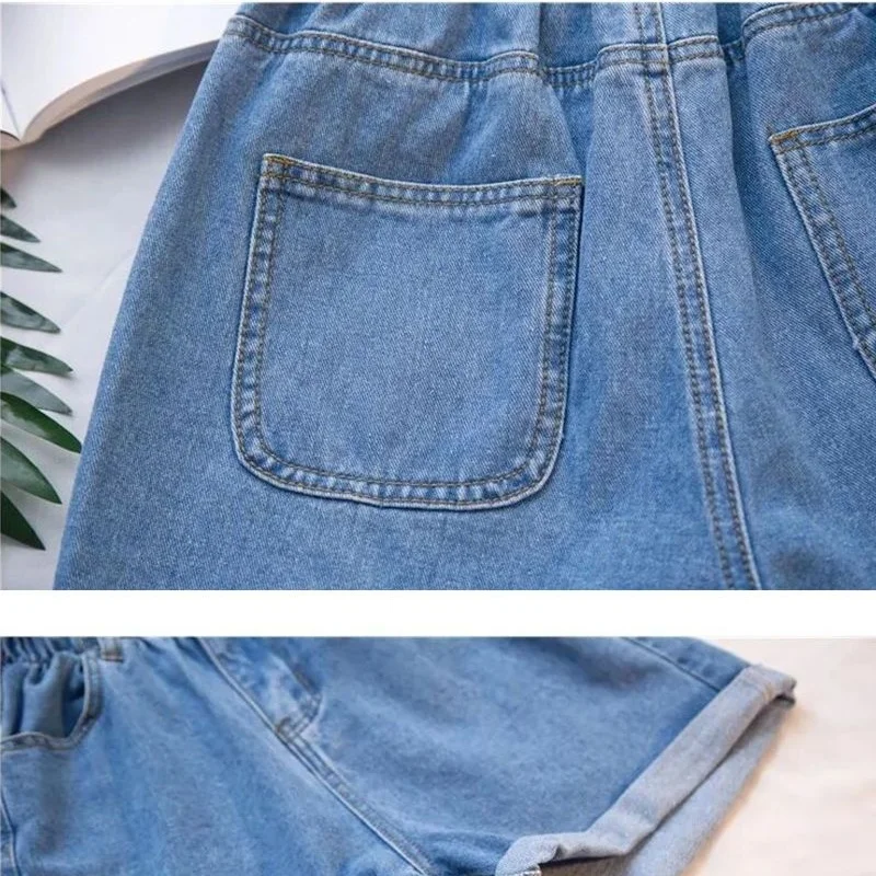 Plus Size Embroidery Denim Women's Shorts Turning Edge Thin Loose Wear Wide Legs High Waist Euryscelia Slim Women Quarter Pants