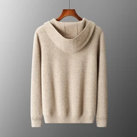 DjzDsm Men's hooded Top With Zipper And Pocket Comfortable Knit Sweater 100% Merino Wool Sweater Wool Sweater Autumn and Winter 2