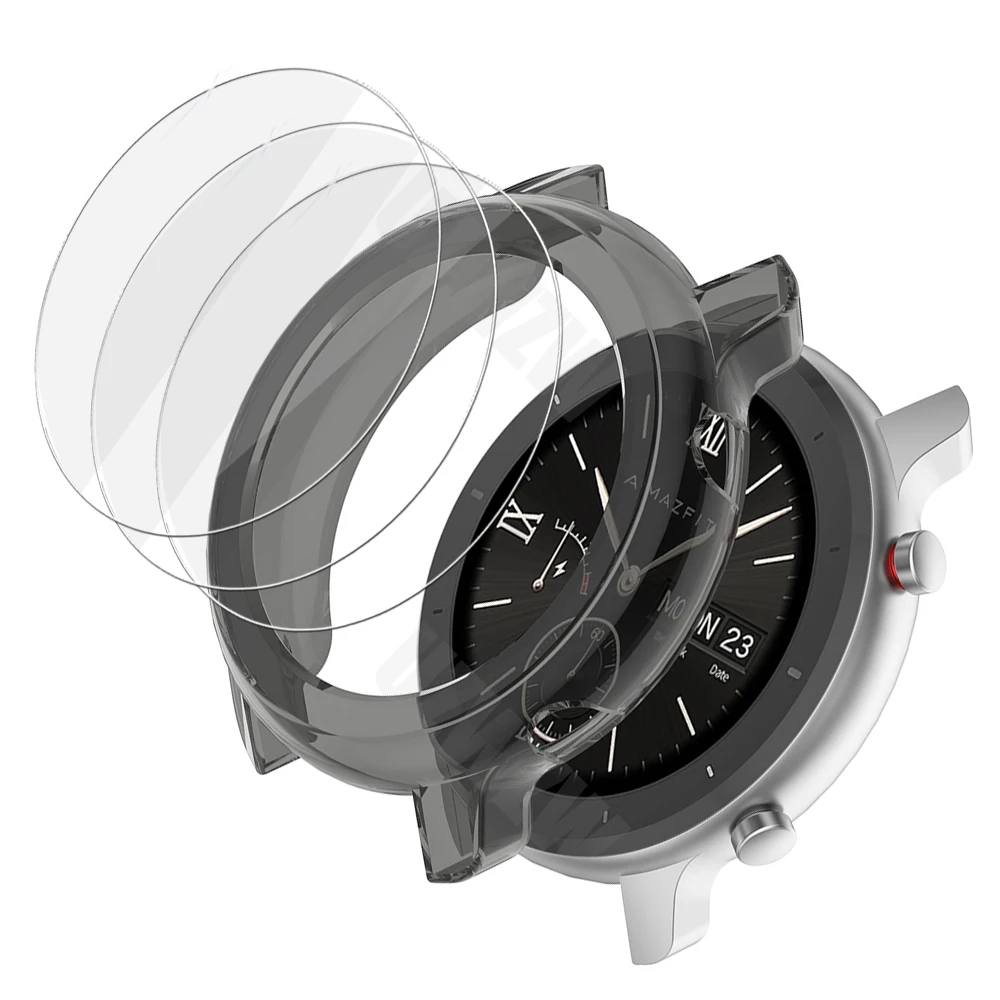 

(3 + 1) для смарт-часов Amazfit GTR 47 мм 42 мм (3 шт.) защита экрана из закаленного стекла и (1 шт.) Мягкий защитный чехол из ТПУ