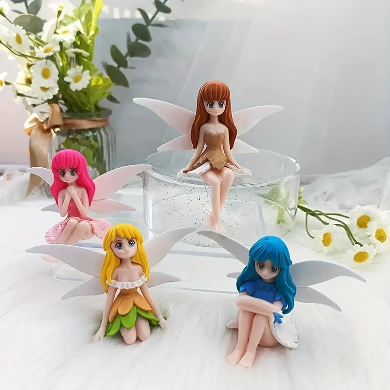 4pcs/set Fairy Garden Accessories Dollhouse Ornamen Flower Fairy Pixie Fly Wing Miniatures Girl PVC Figurines