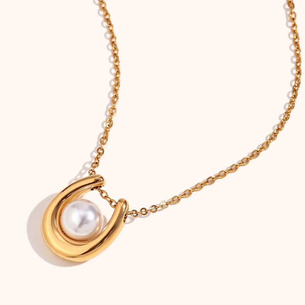La.Muses New U-shaped Ring Holder Imitation Pearl Pendant Stainless Steel Necklaces For Women Jewelry Waterproof Accessory Gift