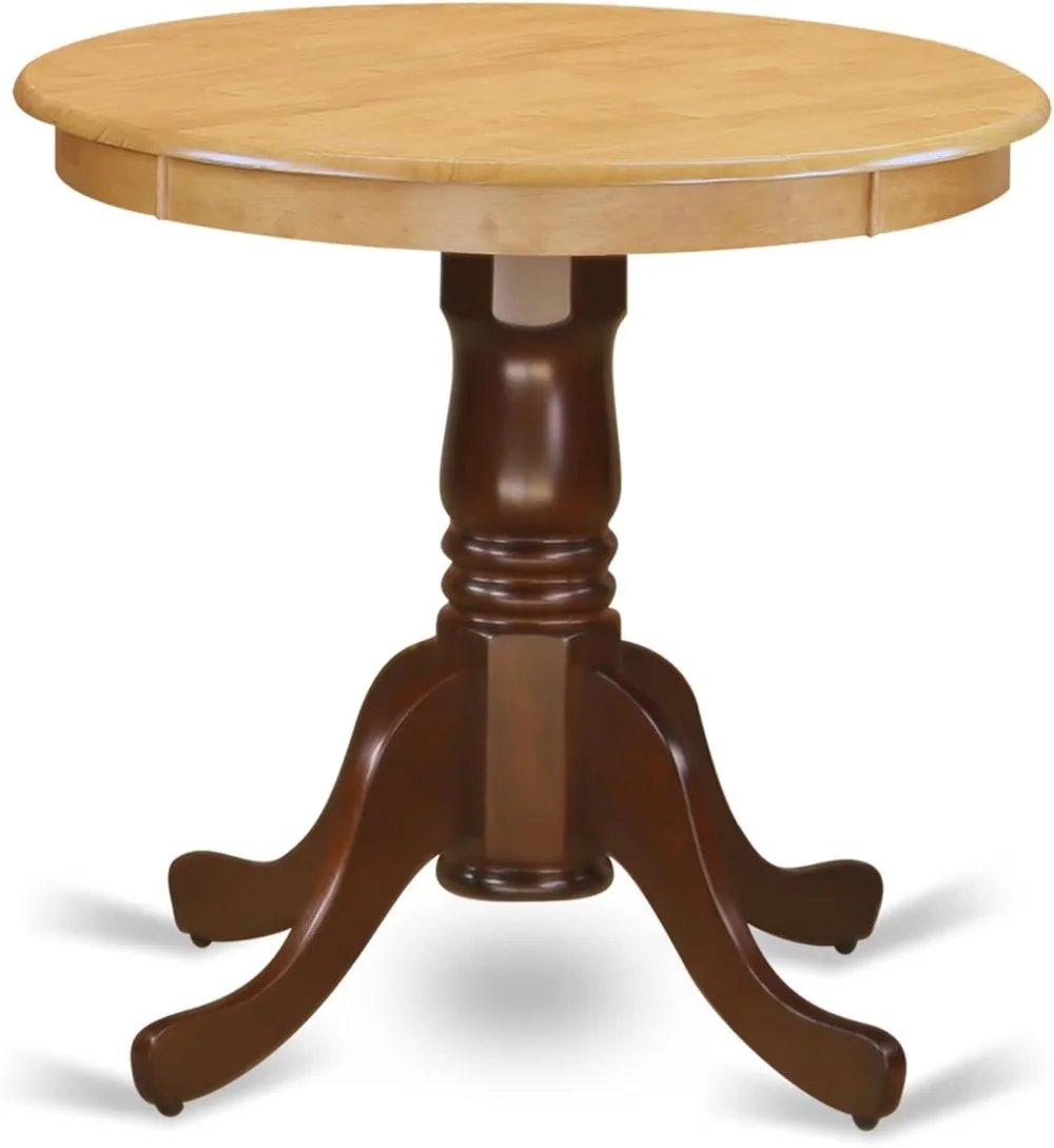 30 Inch Round Pedestal Dining Table - Solid Wood Kitchen Table with Oak Top & Mahogany Base