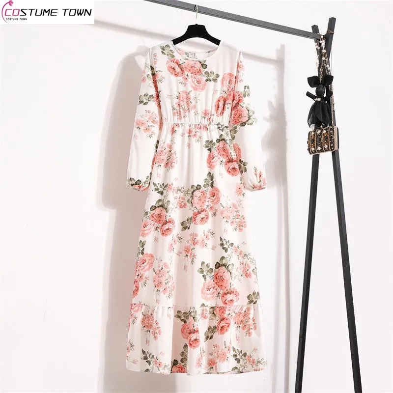 2023 New Korean Fashion Round Neck Long Skirt Fragmented Flower Print Waist Long Sleeve Pullover Chiffon A-line Dress