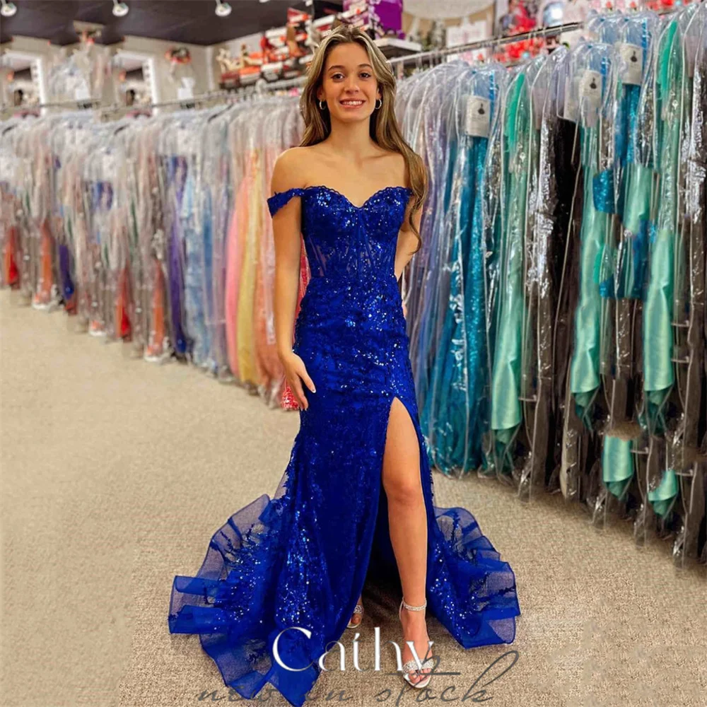 

Cathy Dark Blue Heart Shaped Neck Prom Dress Sleeveless Shiny Sequins Vestidos De Fiesta Elegant Long Tail Tulle Graduation Ball