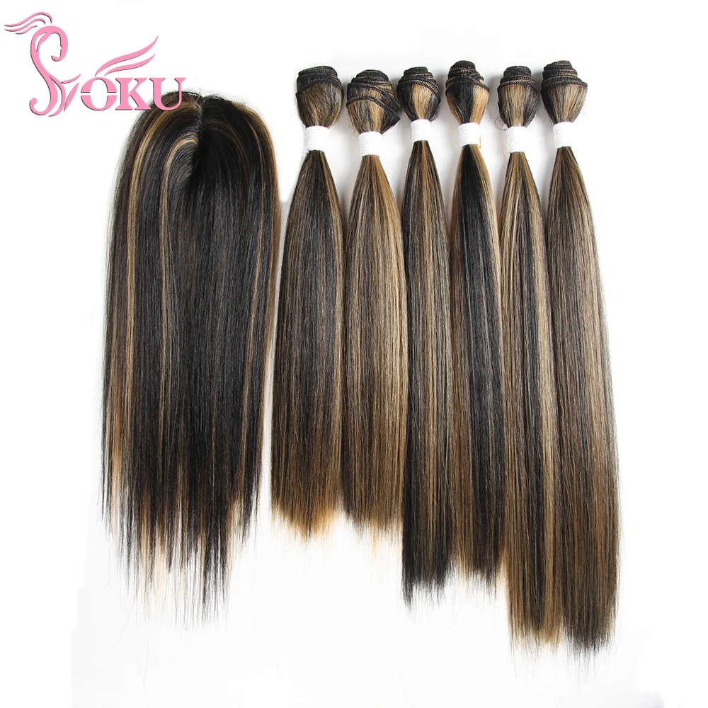 Synthetic Hair Extensions 6 Bundles Hair Weaving with Free Closure Synthetic Hair Extension Weave 14 16 18 inch Ombre Brown Highlight Heat Resistant