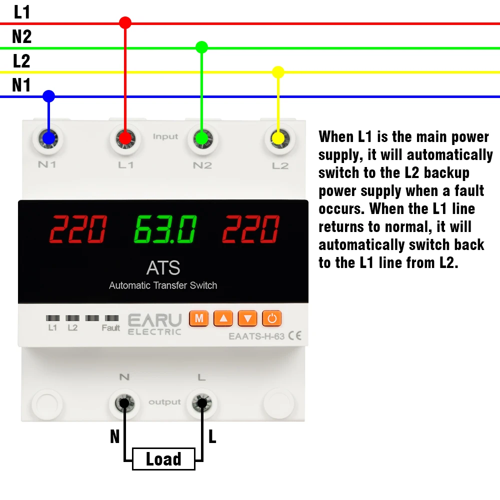 63A 100A ATS Adjustable Over Under Voltage Current Protector Dual Power Conversi
