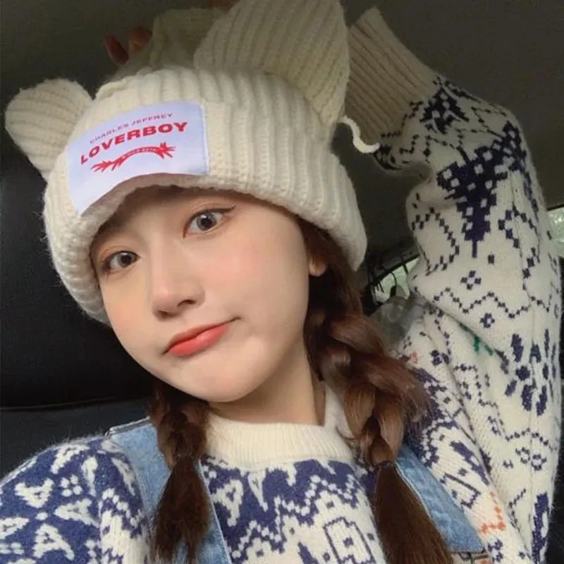 Lover boy Pig Ear Knit Hat Double-layer Warm Cat Ear Woolen Hat Cute  Fashion Hooded Cap Niche Design Hip-hop Personality Hat - AliExpress