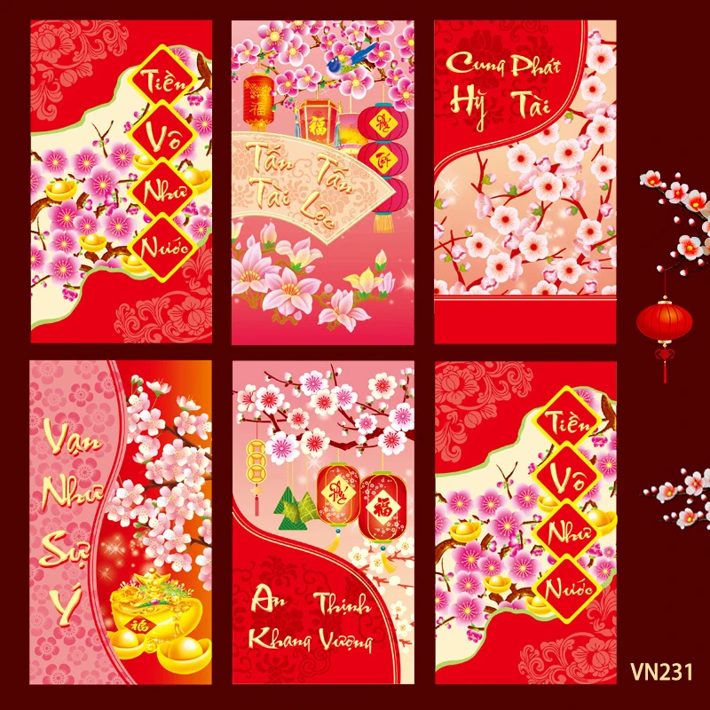 6Pcs Creative Vietnamese Red Envelopes New Year Red Pocket Money Packing Bag Hongbao Spring Festival Packets Decoration