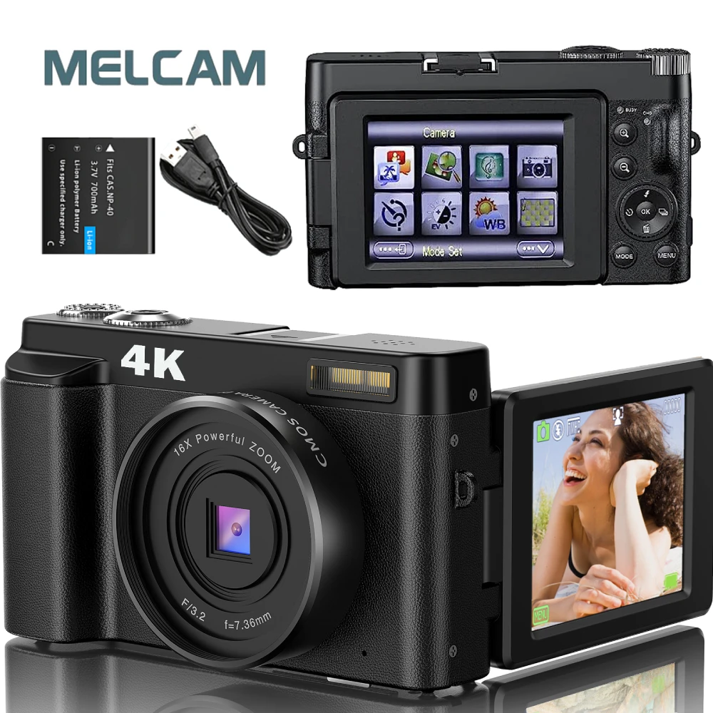 Cámara Digital 4K para fotografía y vídeo, autoenfoque, antivibración, 48MP, compacta, Vlogging, 3 », pantalla abatible de 180 ° con Flash