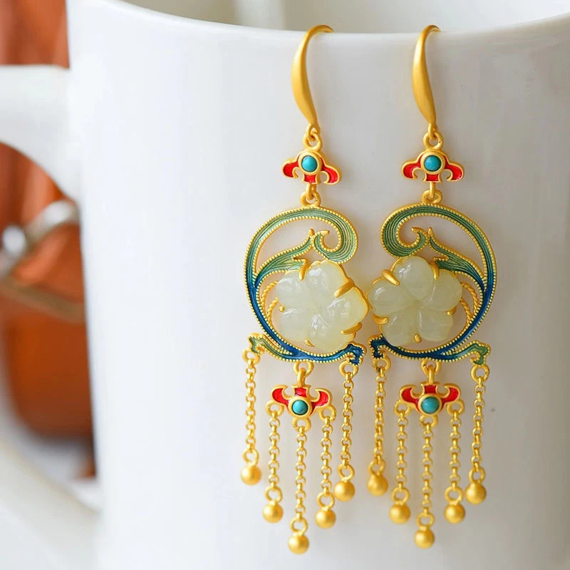 

Natural Hetian White Jade Flower Enamel Porcelain Long Earrings Chinese Court Style Retro Gold-plated Tassel Women's Jewelry