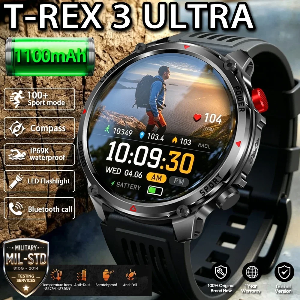 2026 New T-Rex 3 Smart Watch Men 1100mAh Battery GPS Sports Compass 10ATM Waterproof Bluetooth Call Military Outdoor Smartwatch 1