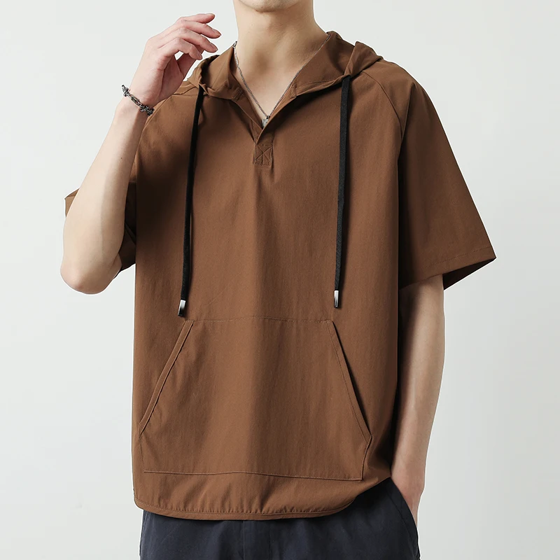 

Hooded T-Shirts Men's 2023 Summer Solid Color Short Sleeve Pullover Tees Loose Tshirt Streetwear Tops Drawstring Hood Clothing