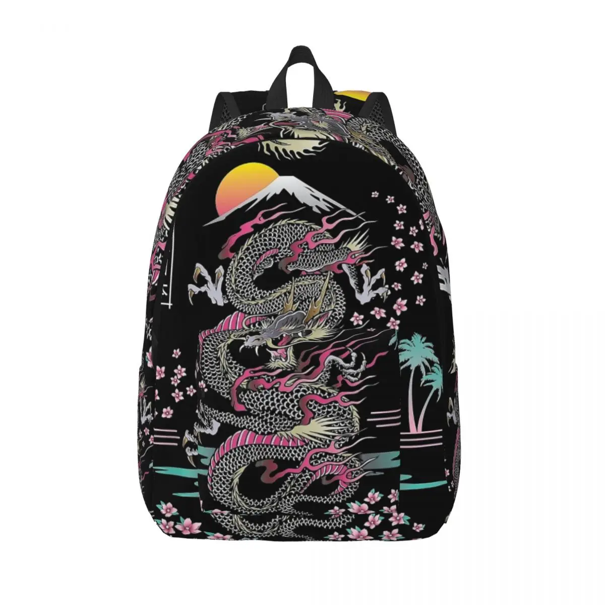 

Japanese Dragon Neon Retro 80s Style Backpack for Men Women Student Work Daypack Vintage Tokyo Sunset College Canvas Bags
