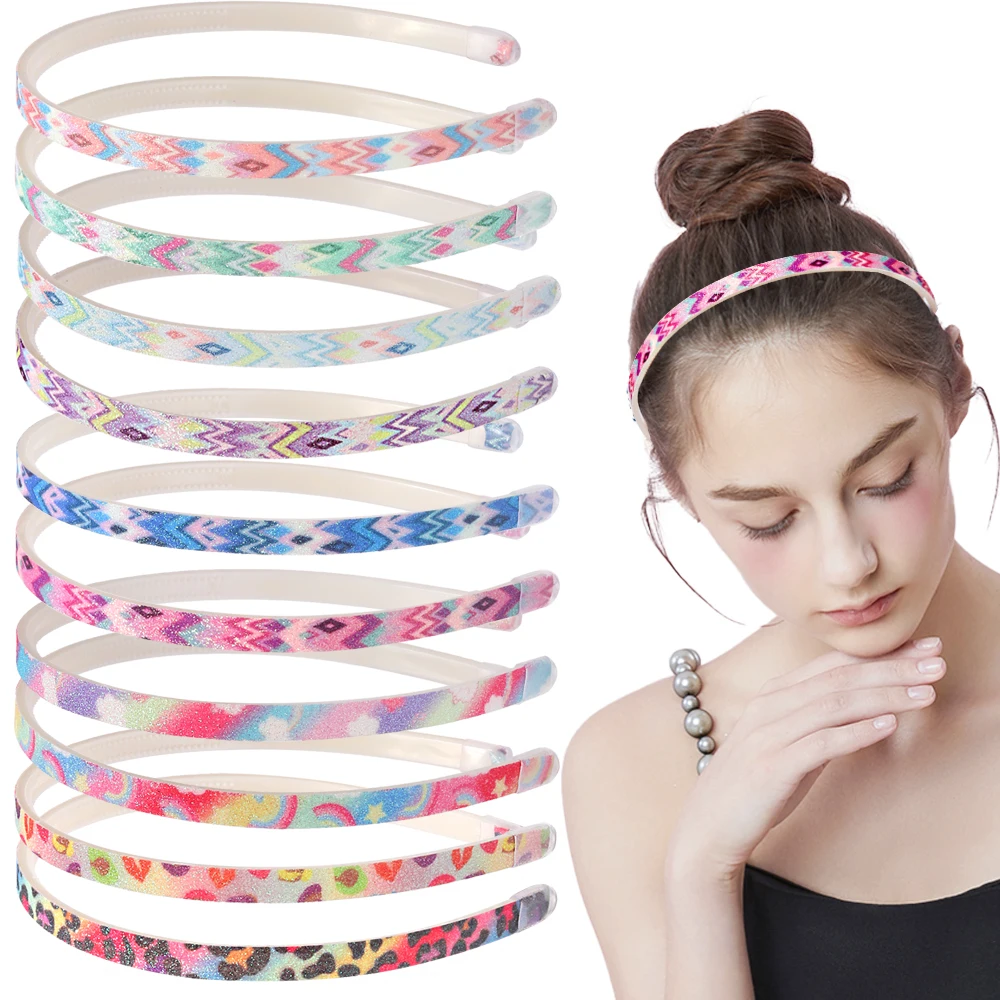 

10PCS Sweet Candy Color Headband for Children Glitter Color Gradient Hairband ABS Wave Pattern Anti-Slip Tooth Headband 1cm