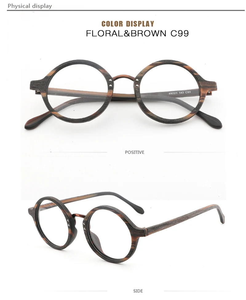 Women's Full Rim Round Wood Eyeglasses