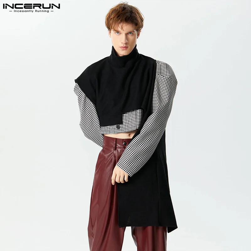 

INCERUN Men Irregular Sweater Vests Solid Knitted Turtleneck Sleeveless Crop Tops Men Streetwear 2023 Fashion Casual Waistcoats