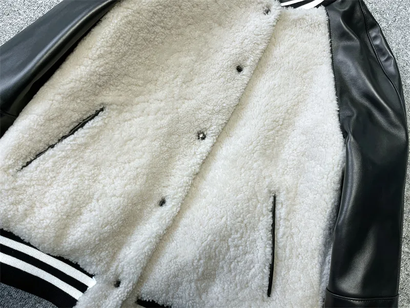 Autumn Winter Korean Style Women's High Quality Casual Wool Patchwork Sheepskin Leather Jackets B723