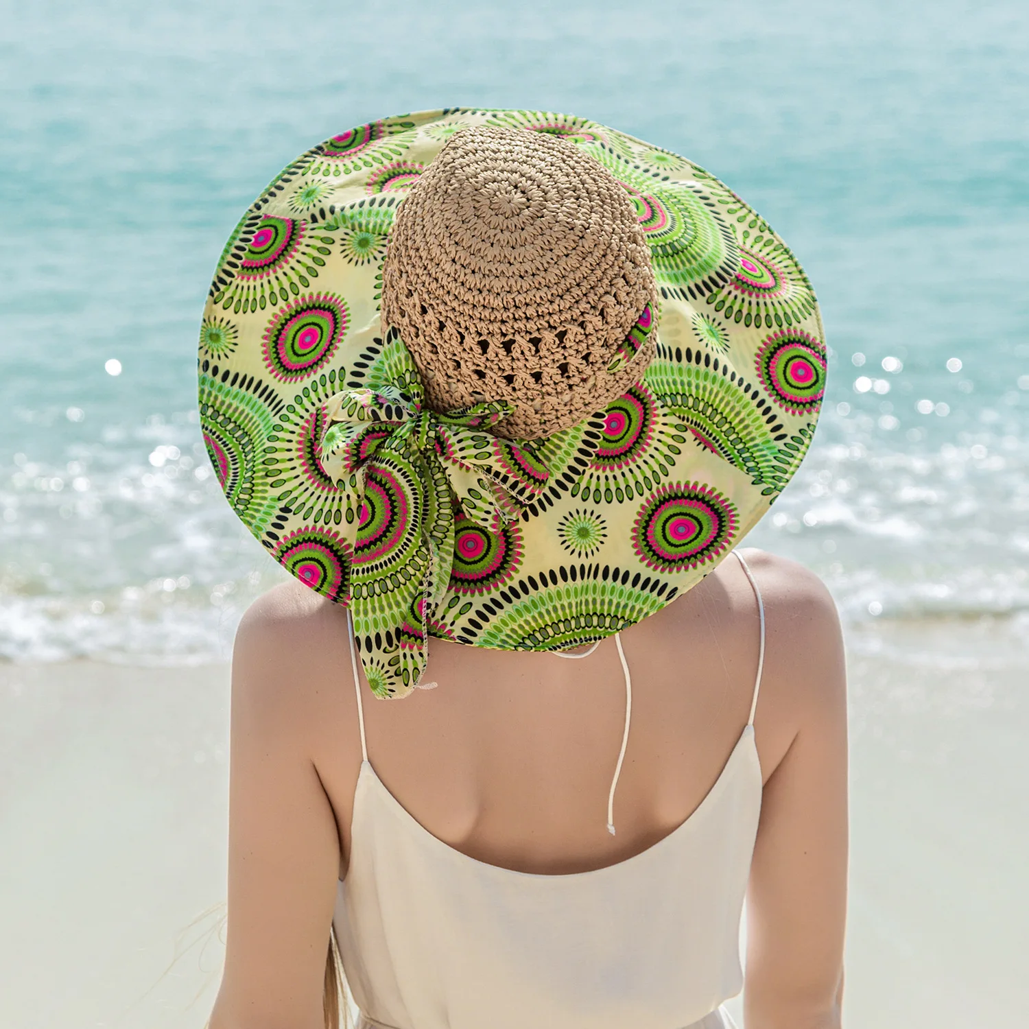 Frauen Frühling Sommer breite Krempe Falt strohhut für Strand urlaub Dame böhmischen Stil Blume Sonnenschutz kappe mit Fliege neu – Detail 7
