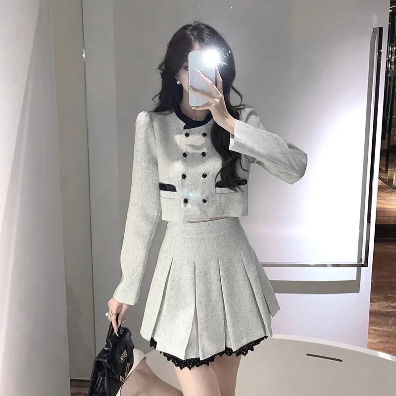 

Spring and Autumn Tweed Two Piece Set Women Double-breasted Short Jacket Coat + High Waist Wool Pleated Lace Mini Skirt Suits