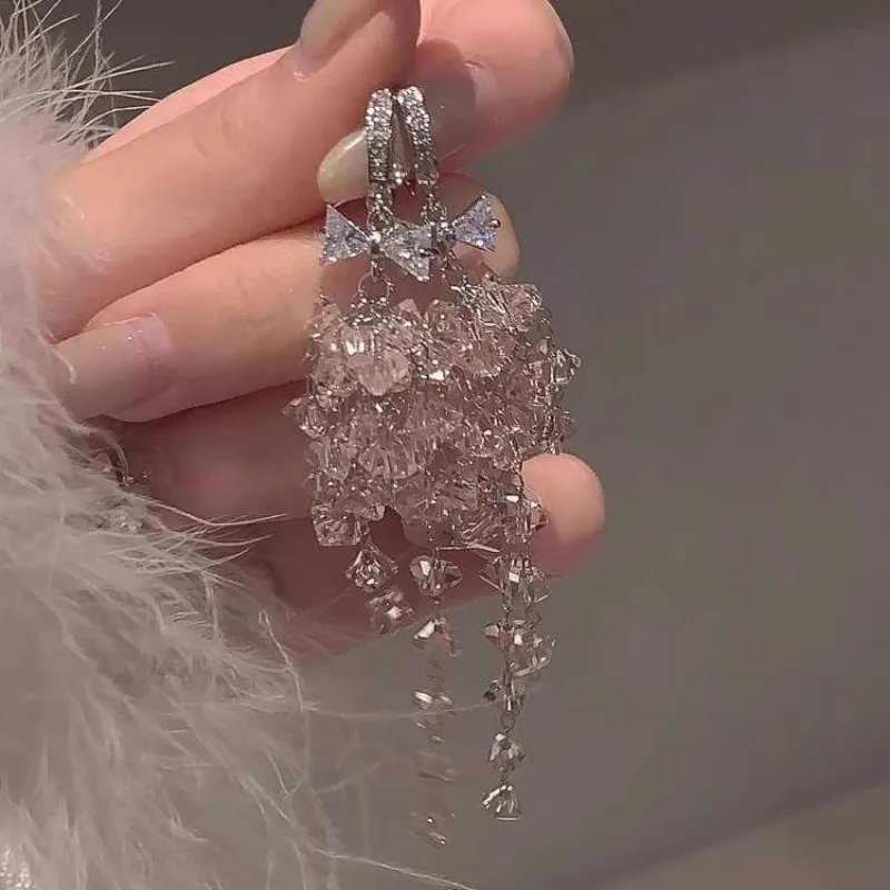 Romantische rosa Kristall lange Quaste Ohrringe für Frauen exquisite Zirkon Bogen Creolen Braut Hochzeit Schmuck Geschenke – Detail 4