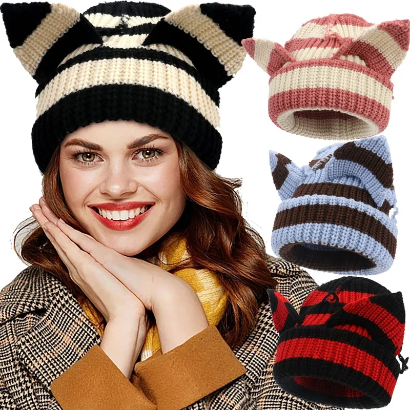 

Little Demon Stripe Bonnet Cute Cartoon Cat Ear Knitted Hat Fashion Knit Piglet Cap Autumn Winter Warm Soft Beanies Skullcap