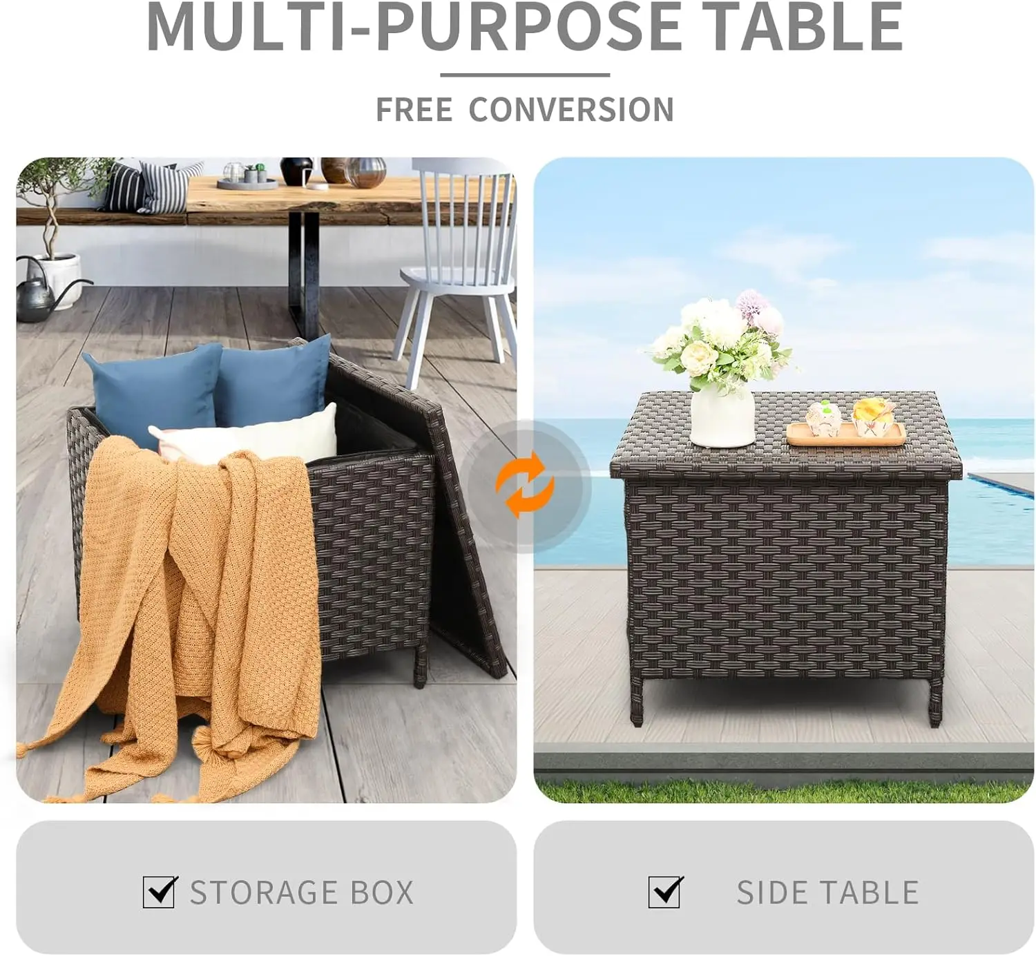 Outdoor PE Wicker Side Table with Storage Patio End Table Resin Rattan Storage Table for Garden Backyard Porch Poolside, Brown
