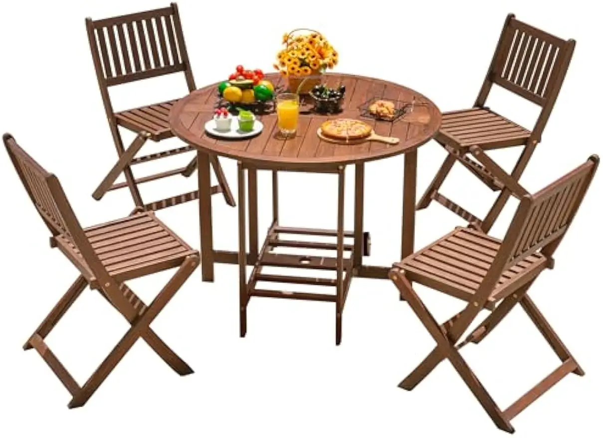 Patio Furniture 5 PCS Patio Dining Set Acacia Wood Outdoor Table and Chairs with 4 Folding Chairs and 37" Round Movable Table