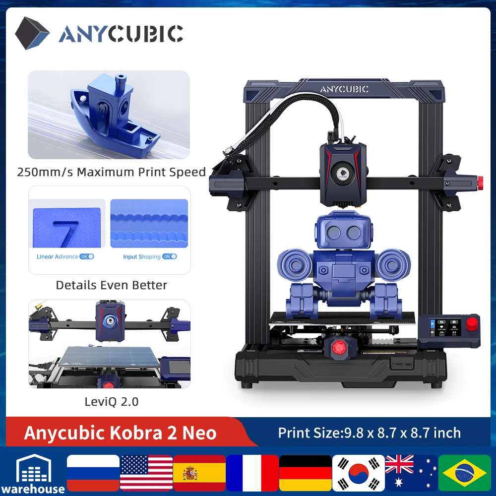 

ANYCUBIC KOBRA 2 Neo 3D Printer Printers Machine FDM PLA DIY Extruder Auto Leveling Portable Professional 3D Printer HD 250mm/s