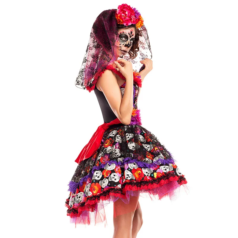 Women Halloween Sexy Creative Skull Ghost Corpse Bride Costume Skeleton Day of The Dead Costume Cosplay Flower Fairy Fancy Dress